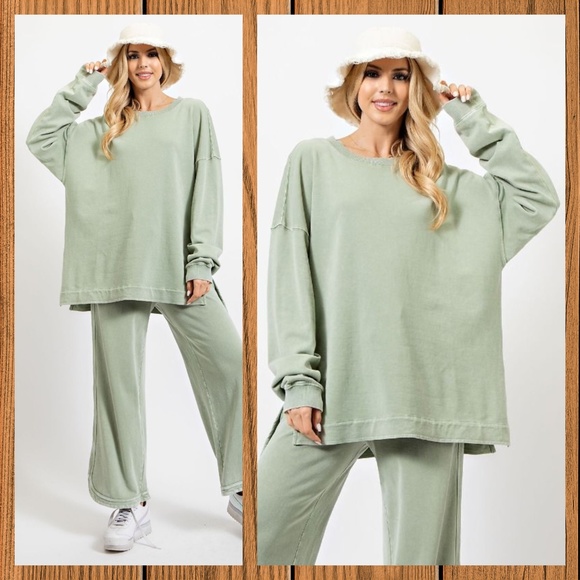 EASEL "So Comfy" Mineral Washed Tunic Top in Sage Statement Side Slits Crew Neck - Picture 5 of 14